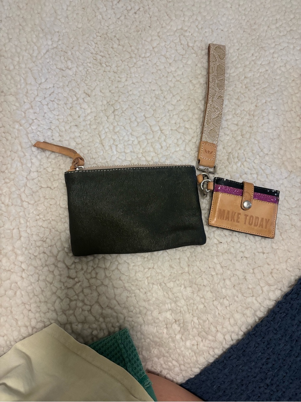 Consuela Olive Canvas Wristlet with Tan Leather Trim & Patterned Strap - Picture 2 of 4